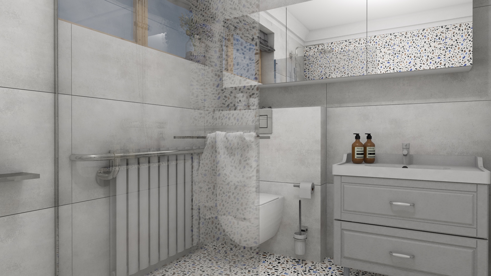 Projekt łazienki w stylu minimalistycznym z szarymi meblami i kabiną prysznicową