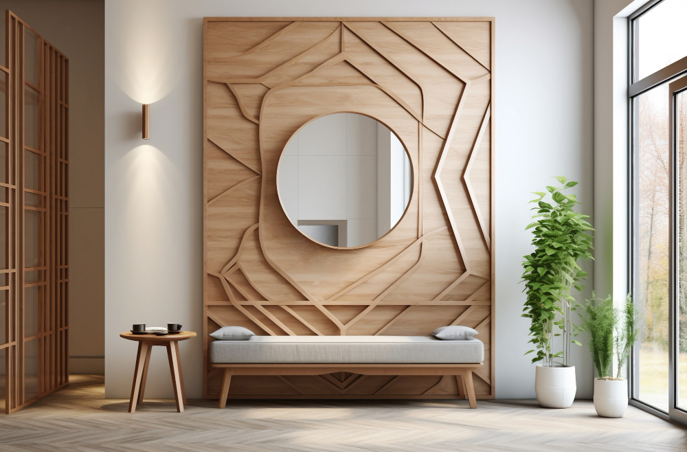 Jasny przedpokój z drewnopodobną jodełką na podłodze, ozdobną ścianą drewnianą, okrągłym lustrem, kanapą, taboretem i roślinami w donicach
