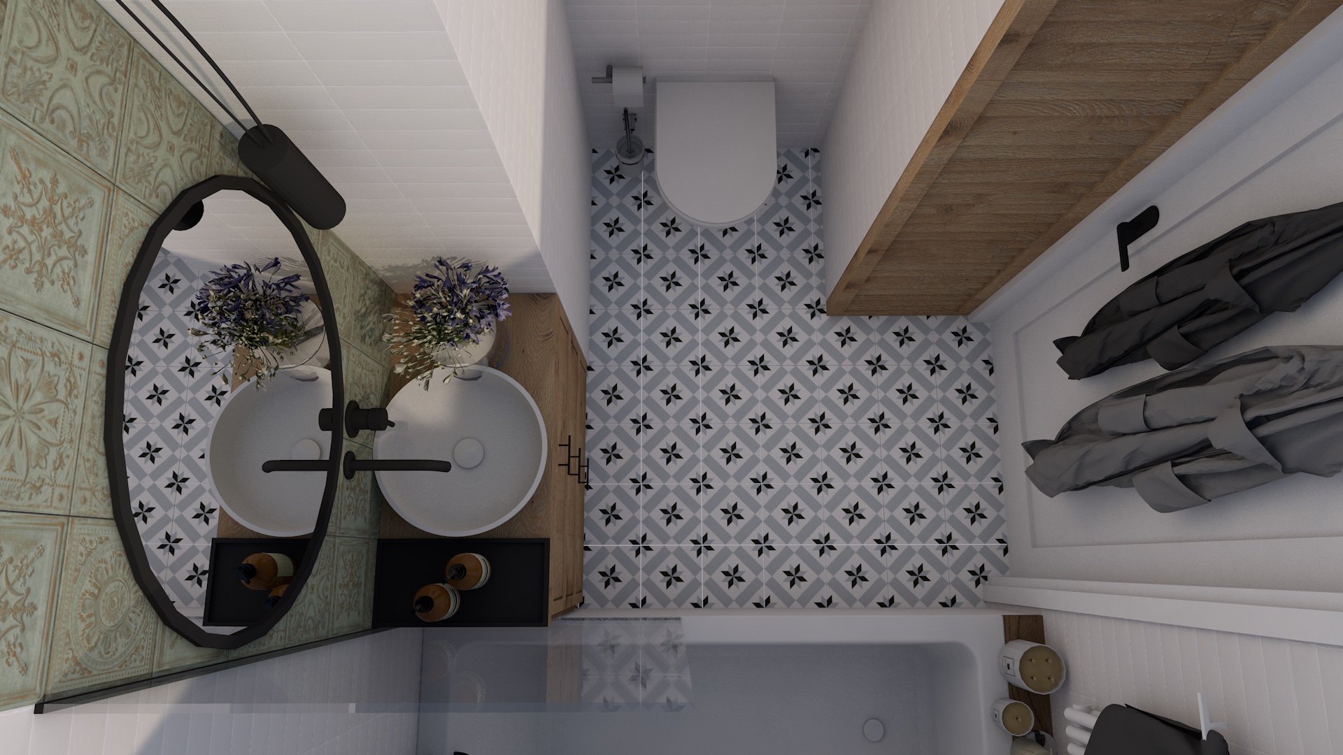 Projekt wnętrza małej łazienki z płytkami w stylu patchwork z rustykalnym akcentem