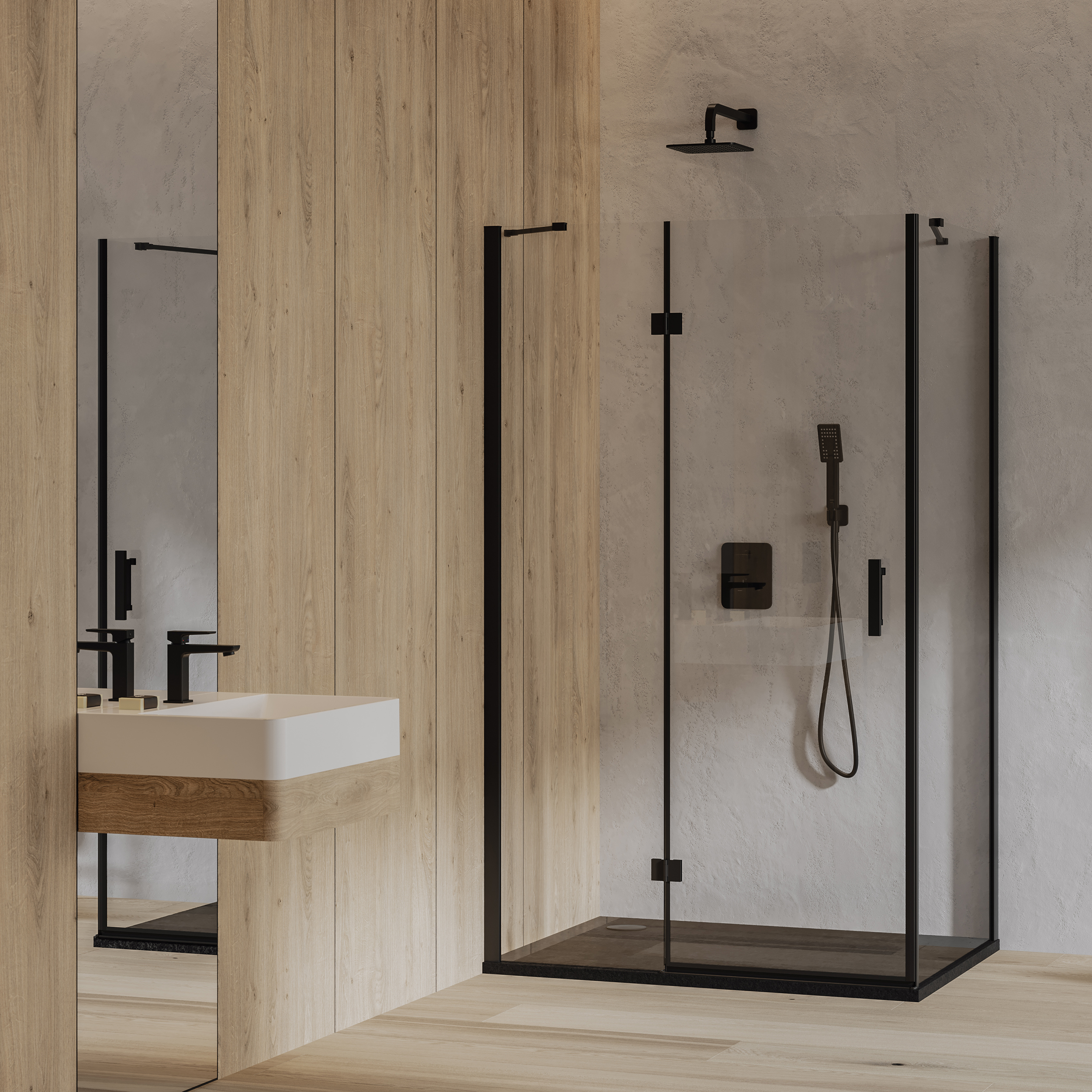 Łazienka z płytkami imitującymi drewno i beton, kabiną prysznicową z czarnymi mocowaniami, umywalką ścienną i podłużnym lustrem