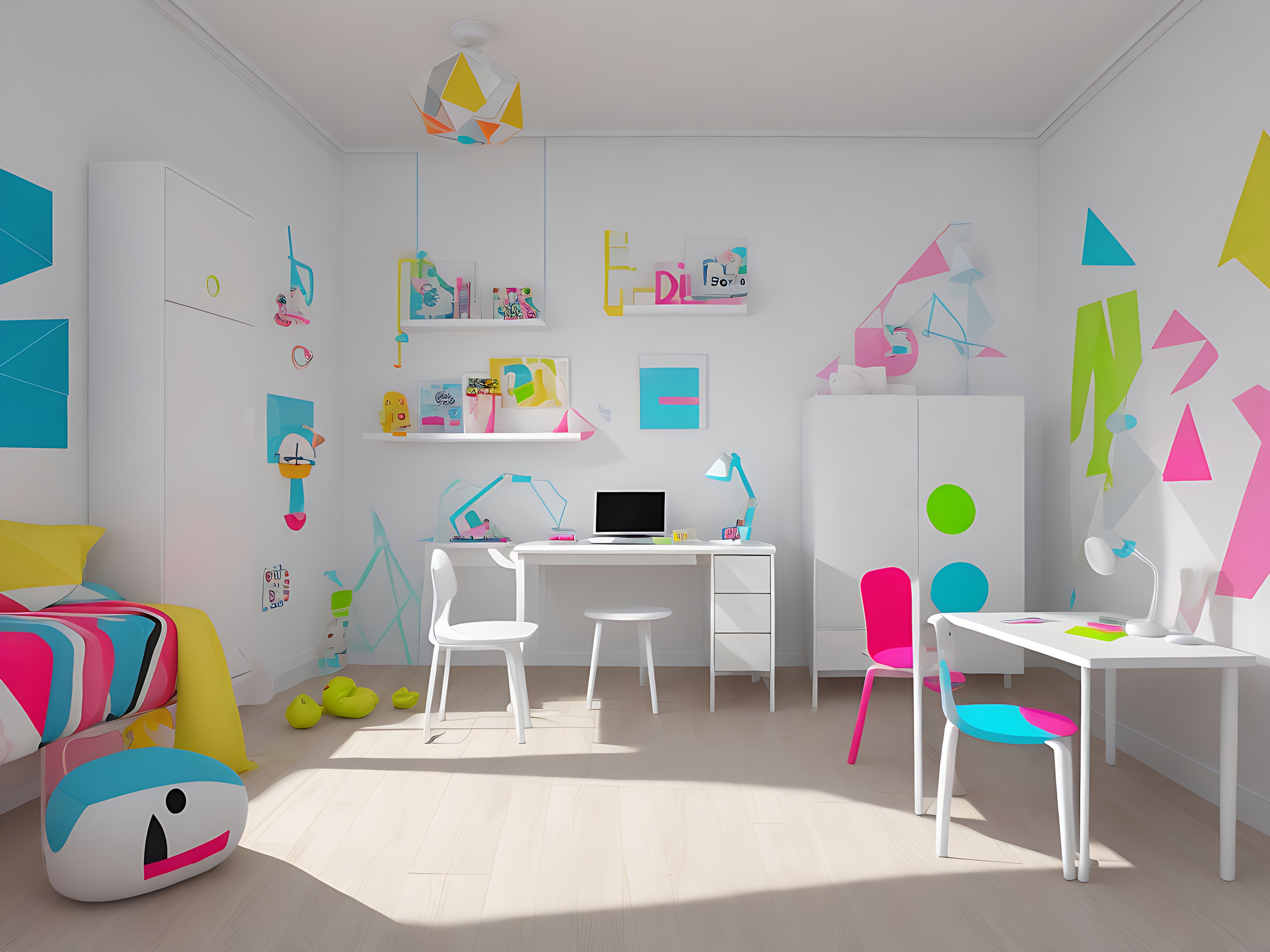 Biały pokój dziecka z kolorowymi akcentami, z biurkiem z komputerem, szafą, stolikiem i łóżkiem