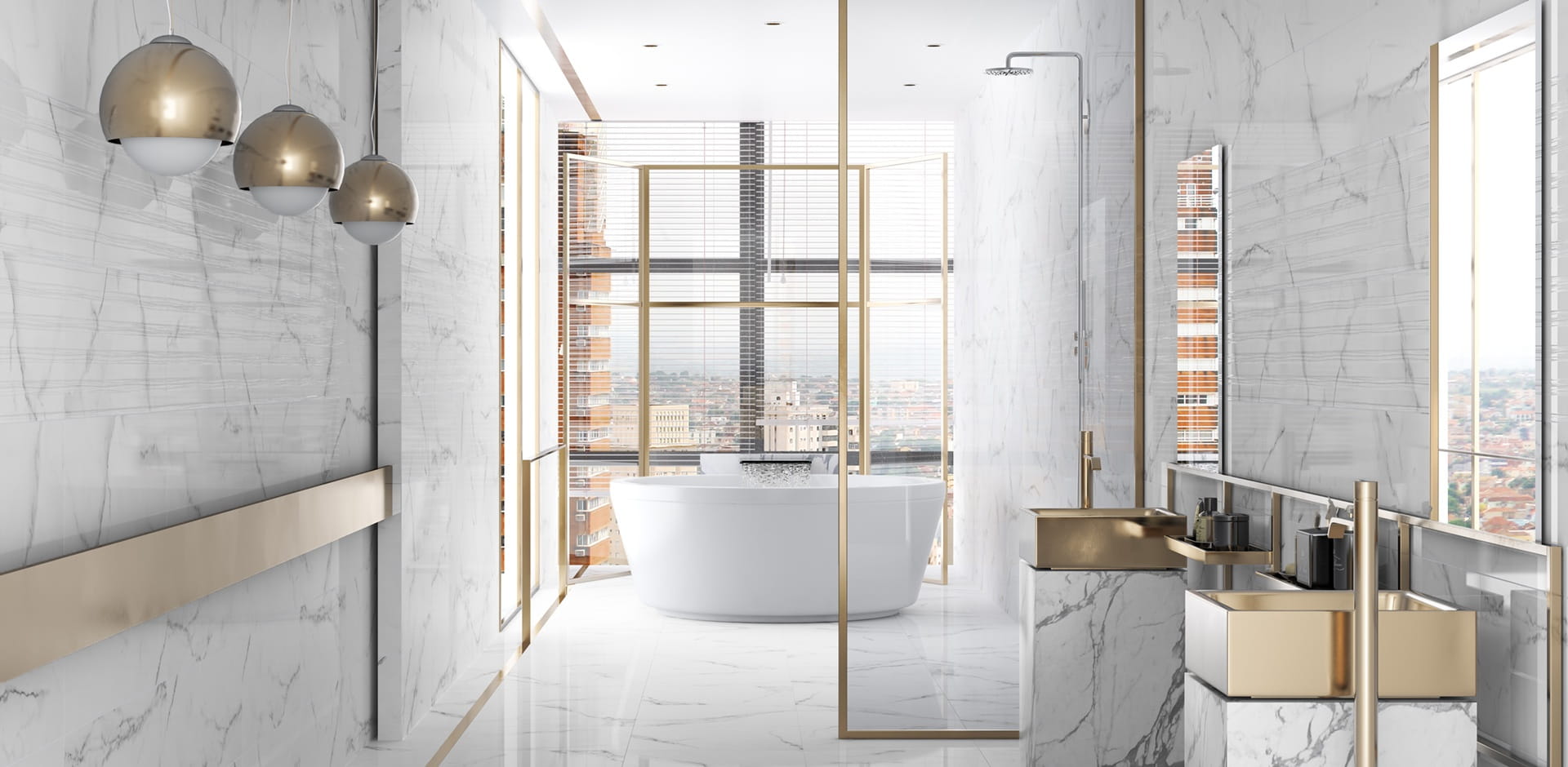 Elegancka łazienka wyłożona białymi płytkami imitującymi marmur, z wanną wolnostojącą, prysznicem oraz złotymi umywalkami nablatowymi