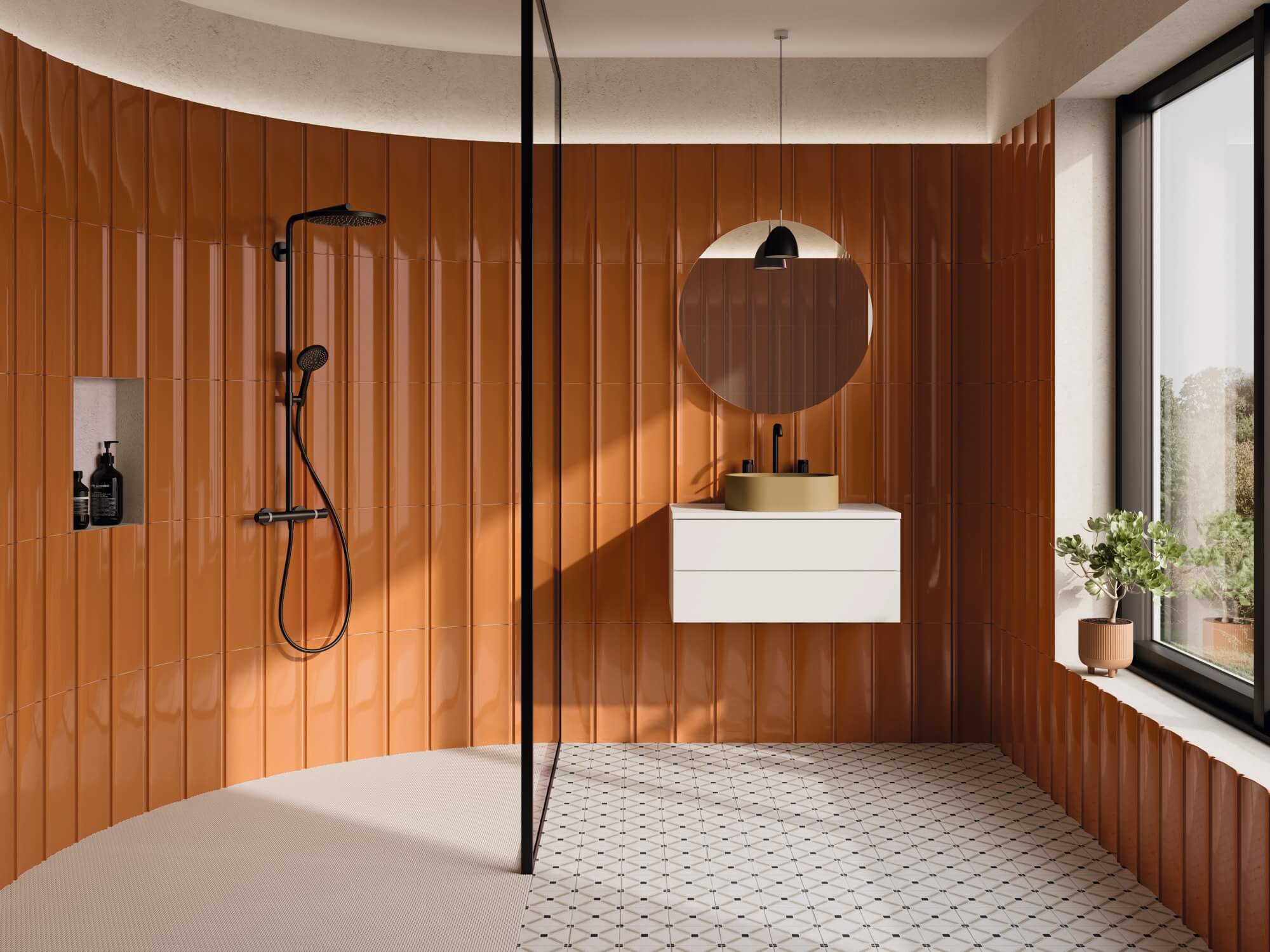 Półokrągła łazienka z patchworkową podłogą i brązowymi, trójwymiarowymi płytkami na ścianie, dużą strefą prysznicową, białą szafką wiszącą z beżową umywalką nablatową, okrągłym lustrem i lampą wiszącą