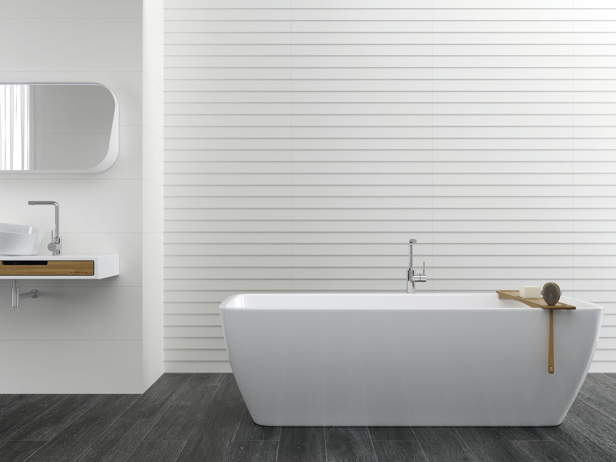 Elegancka łazienka z szarymi płytkami drewnopodobnymi na podłodze i białymi na ścianie z efektem 3D, z białą wanną wolnostojącą, półką wiszącą z umywalką nablatową i lustrem