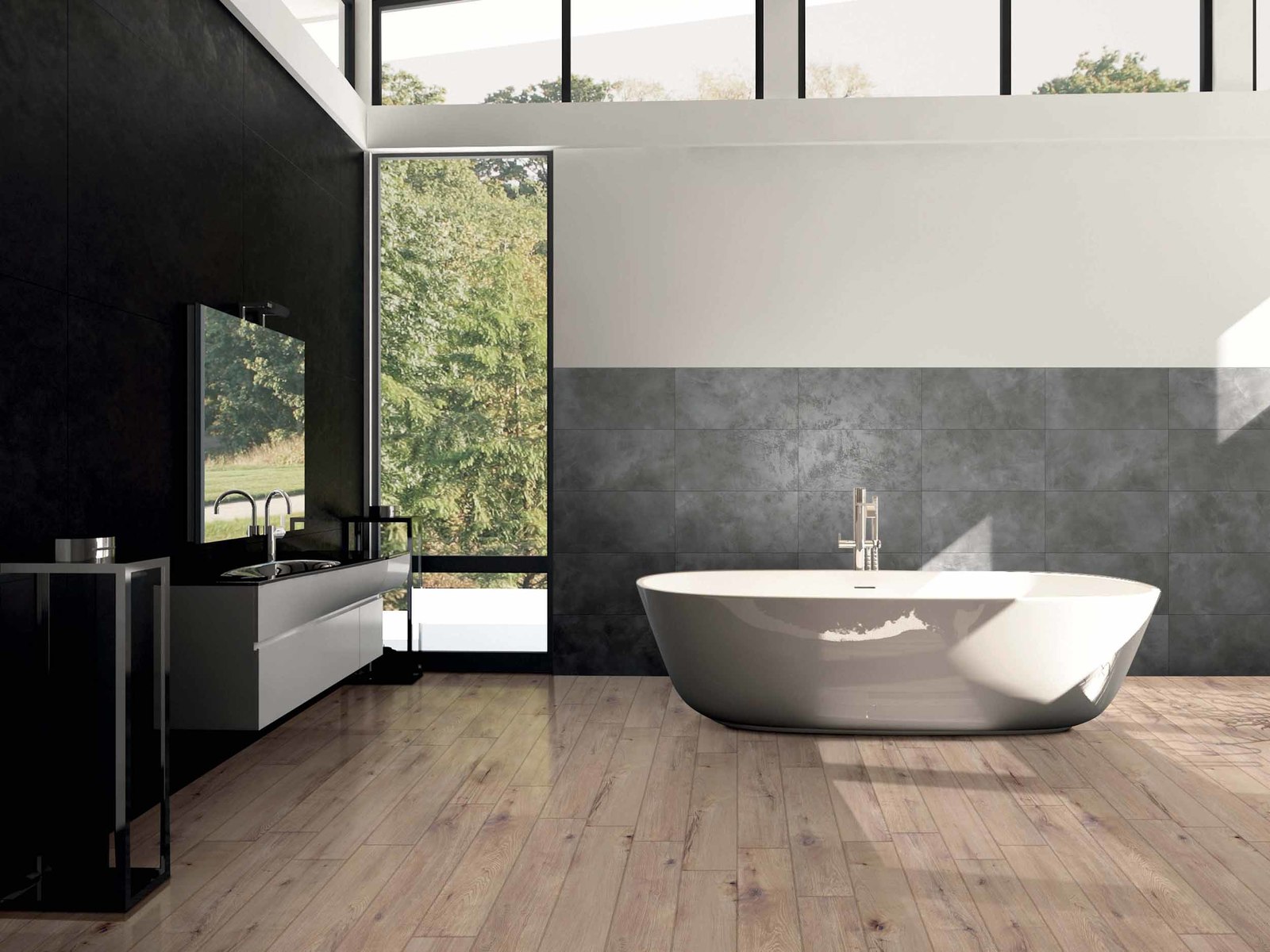 Łazienka z drewnopodobną podłogą i ciemnymi ścianami z białą wanną wolnostojącą, wiszącą szafką z umywalką, lustrem i długim oknem