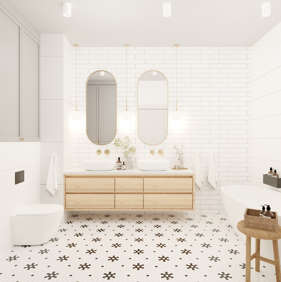 Elegancka łazienka z podłogą wyłożoną biało-czarną mozaiką z białą wanną, miską WC, drewnianą szafką z dwiema umywalkami nablatowymi i dwoma lustrami