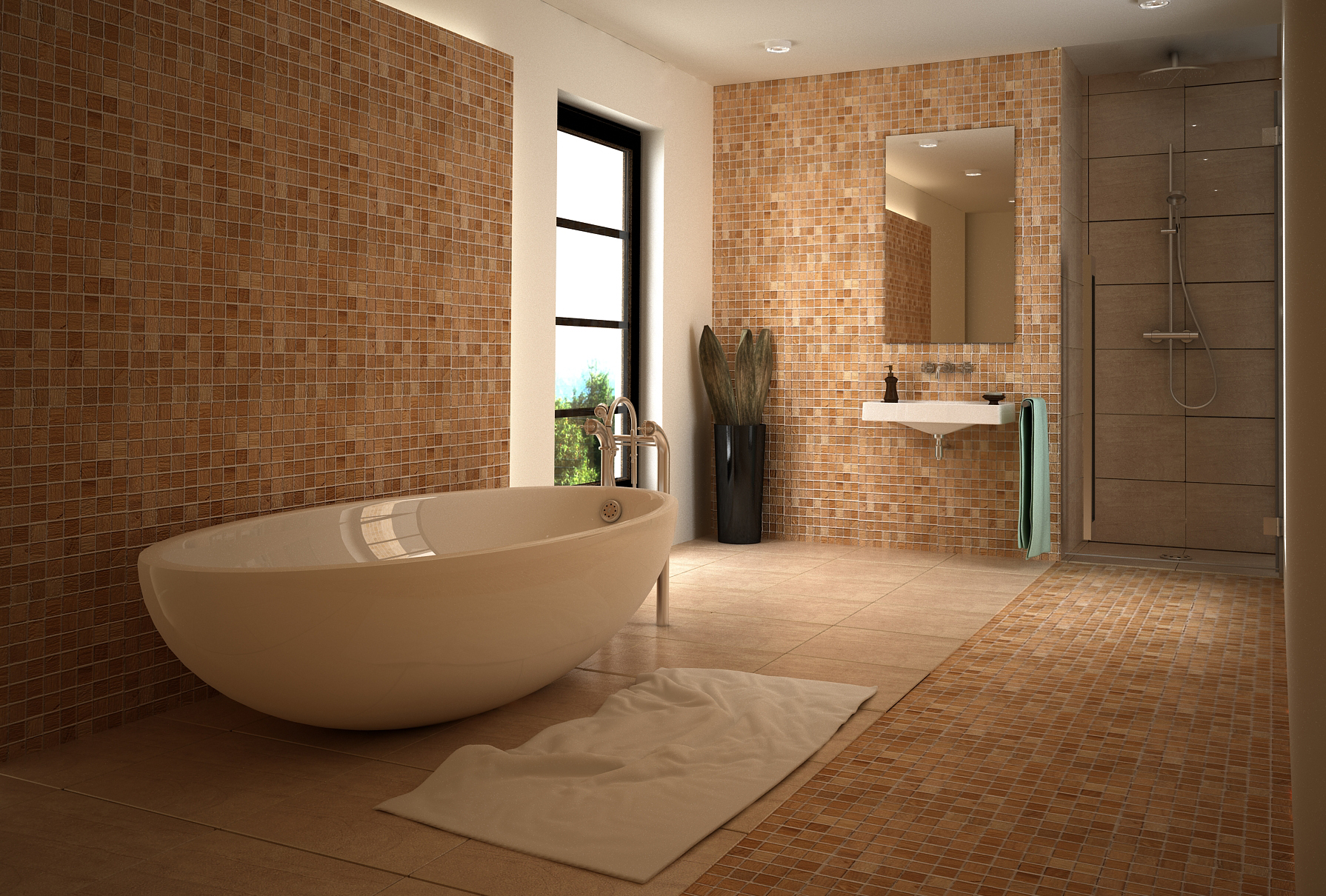 Łazienka wyłożona beżową mozaiką imitującą drewno z białą wanną wolnostojąca, kabiną prysznicową, umywalką ścienną i lustrem