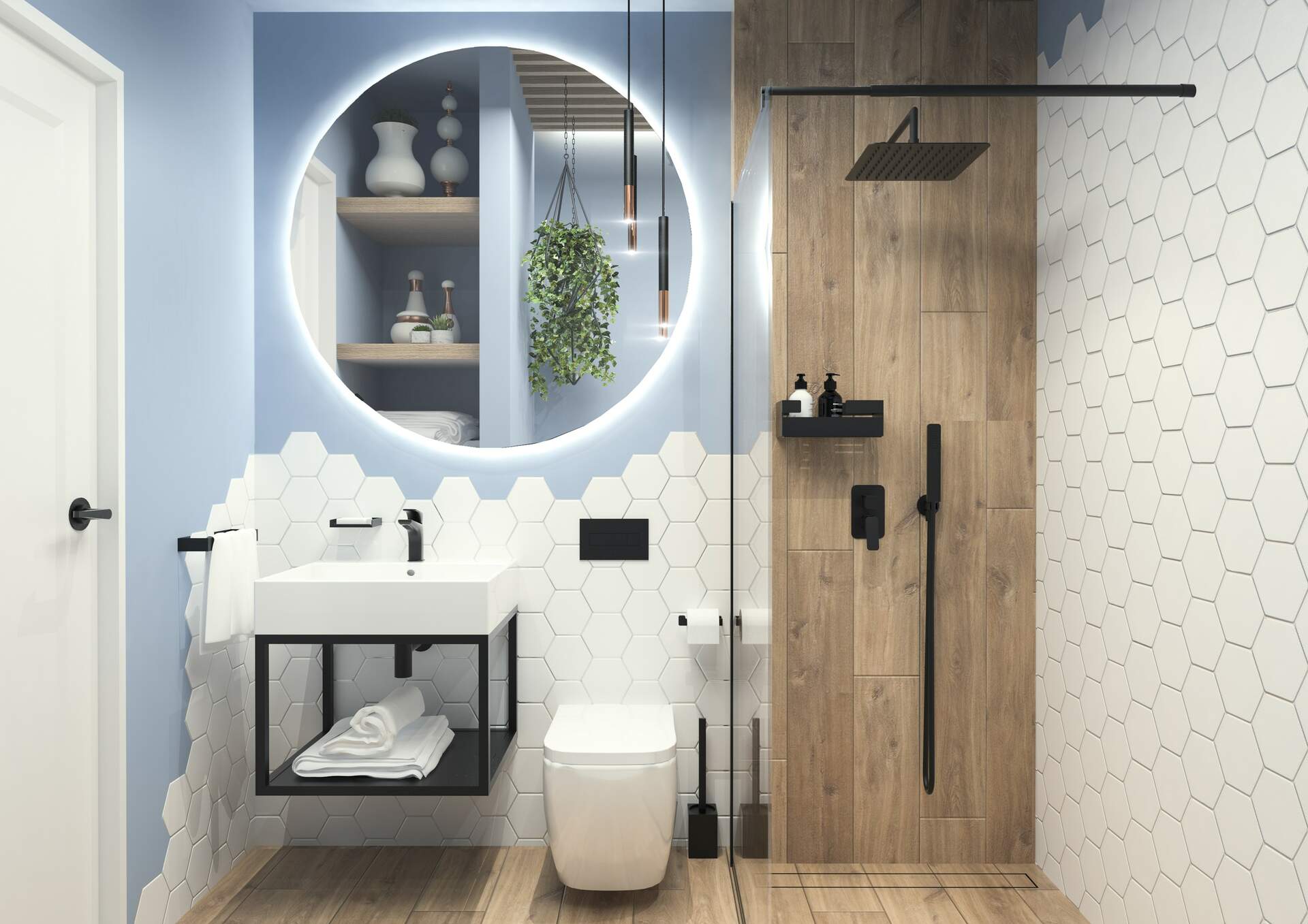 Przytulna łazienka wyłożona płytkami drewnopodobnymi i białymi heksagonalnymi, z kabiną prysznicową, wiszącą miską WC i półką z umywalką, dużym okrągłym lustrem i czarną armaturą