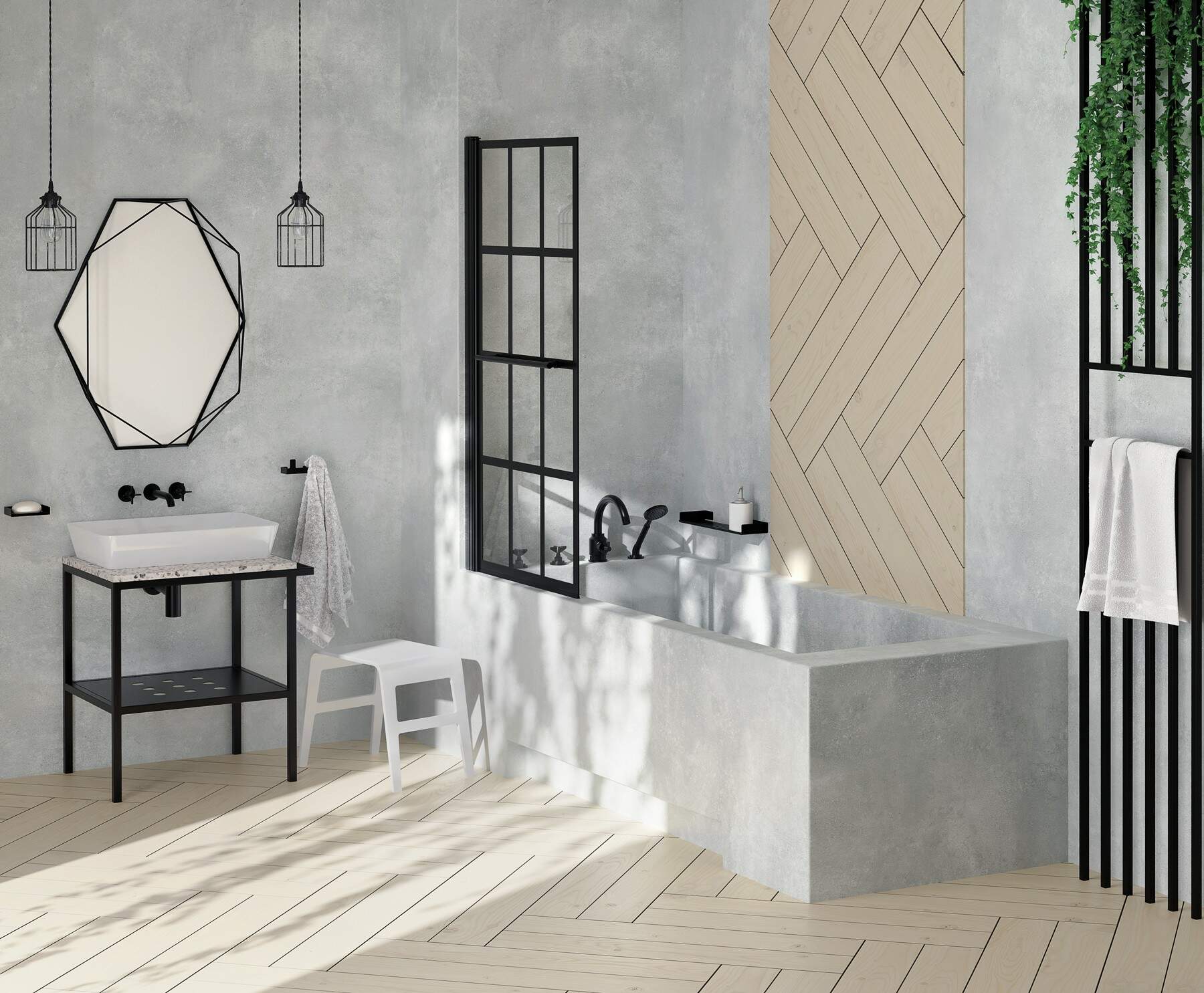 Szaro-beżowa łazienka z kamienną wanną, półką z białą umywalką nablatową, oryginalnym lustrem, lampą wiszącą i czarną armaturą