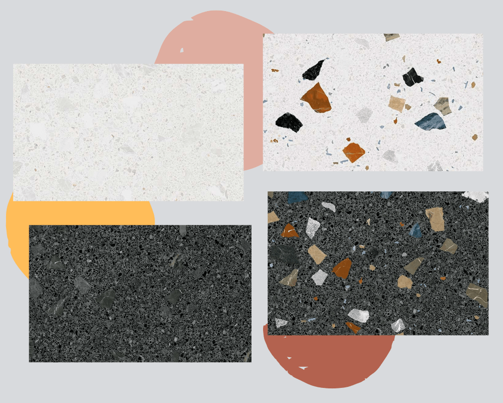 Kolaż przedstawiający powierzchnie płytek Miscela-R Nacar 60x120, Miscela-R Grafito 60x120, Stracciatella-R Nacar 60x120 oraz Stracciatella-R Grafito 60x120