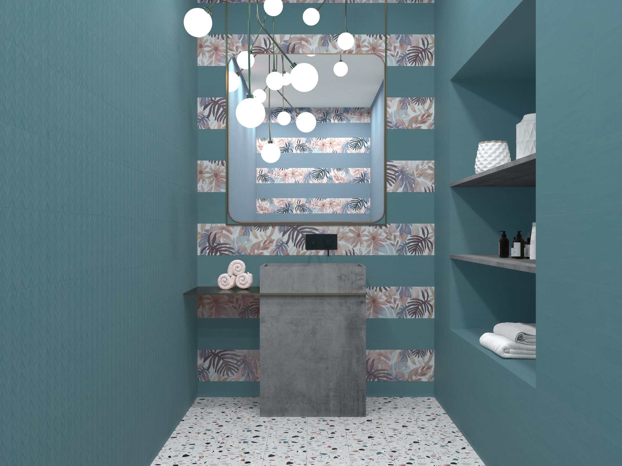 Niebieska łazienka z płytkami lastryko na podłodze i wstawkami kwiatowymi na ścianie z szarą, kamienną umywalką stojącą, baterią podtynkową czarną i półkami w ścianie z akcesoriami