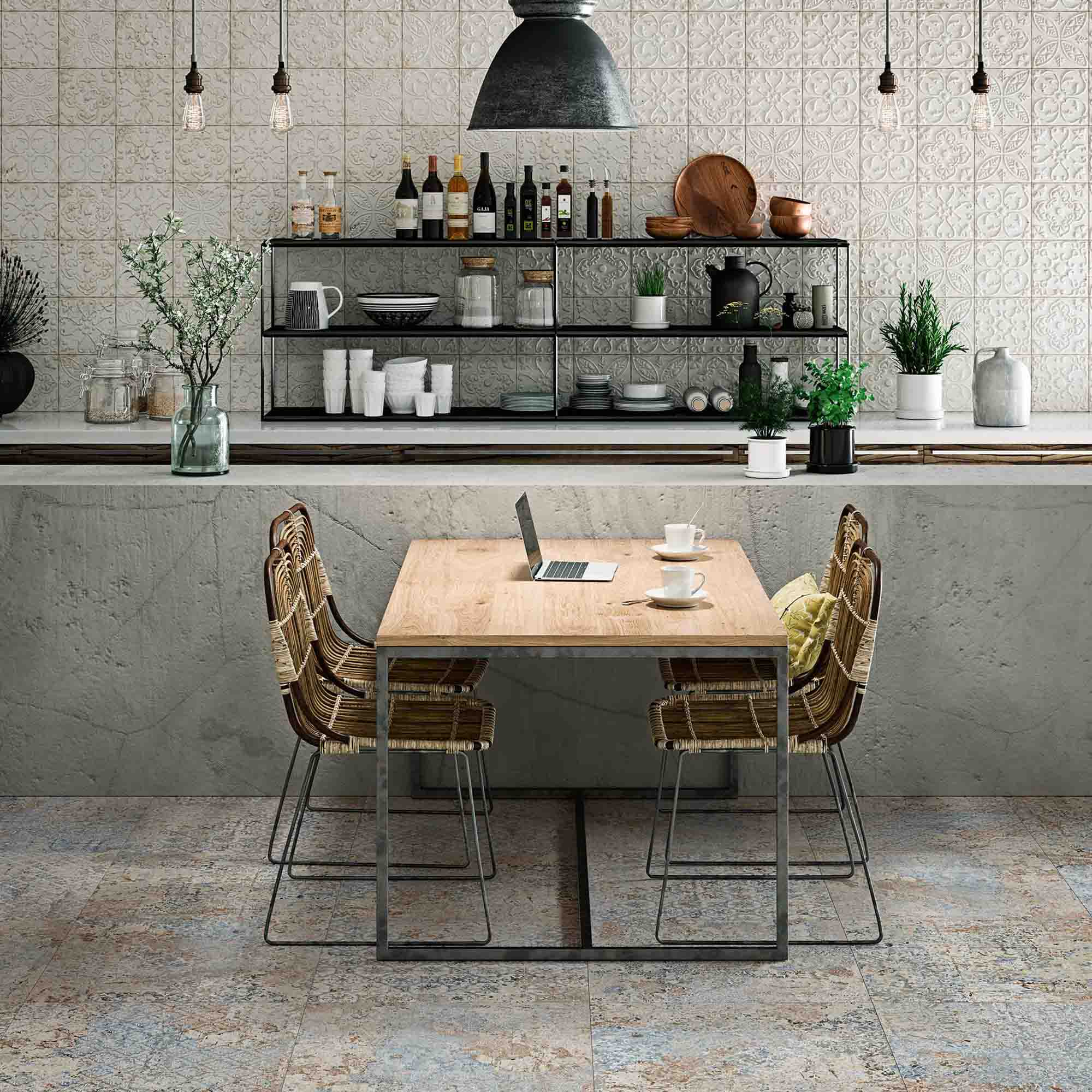 Kuchnia w stylu rustykalnym wyłożona płytkami Carpet imitującymi stary dywan z drewnianym stołem, krzesłami i naczyniami