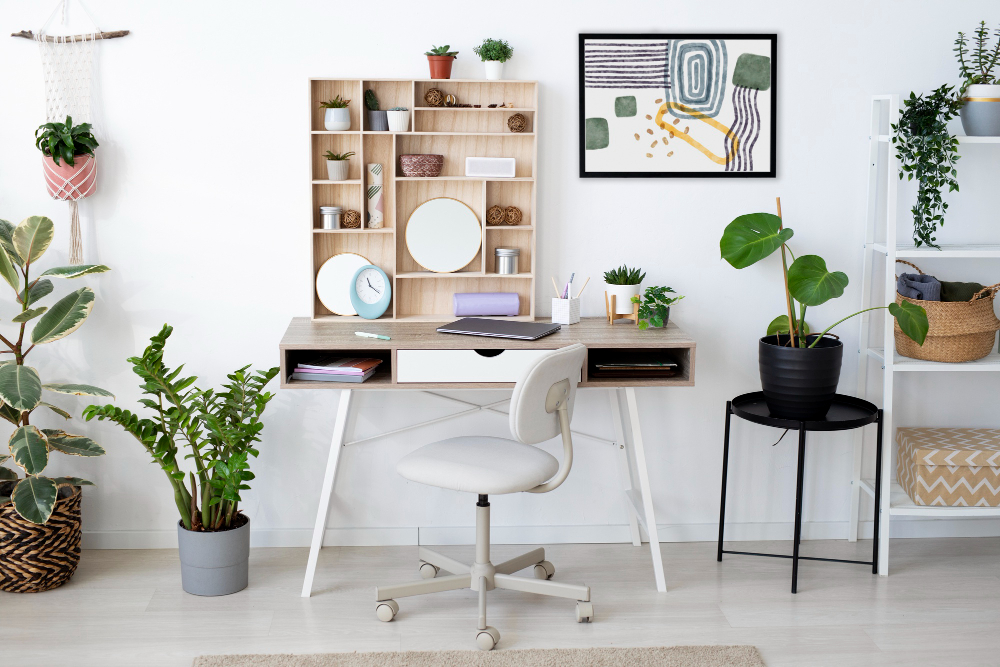 Biuro w kolorach bieli z biurkiem, krzesłem, roślinami i dużą ilością ozdób