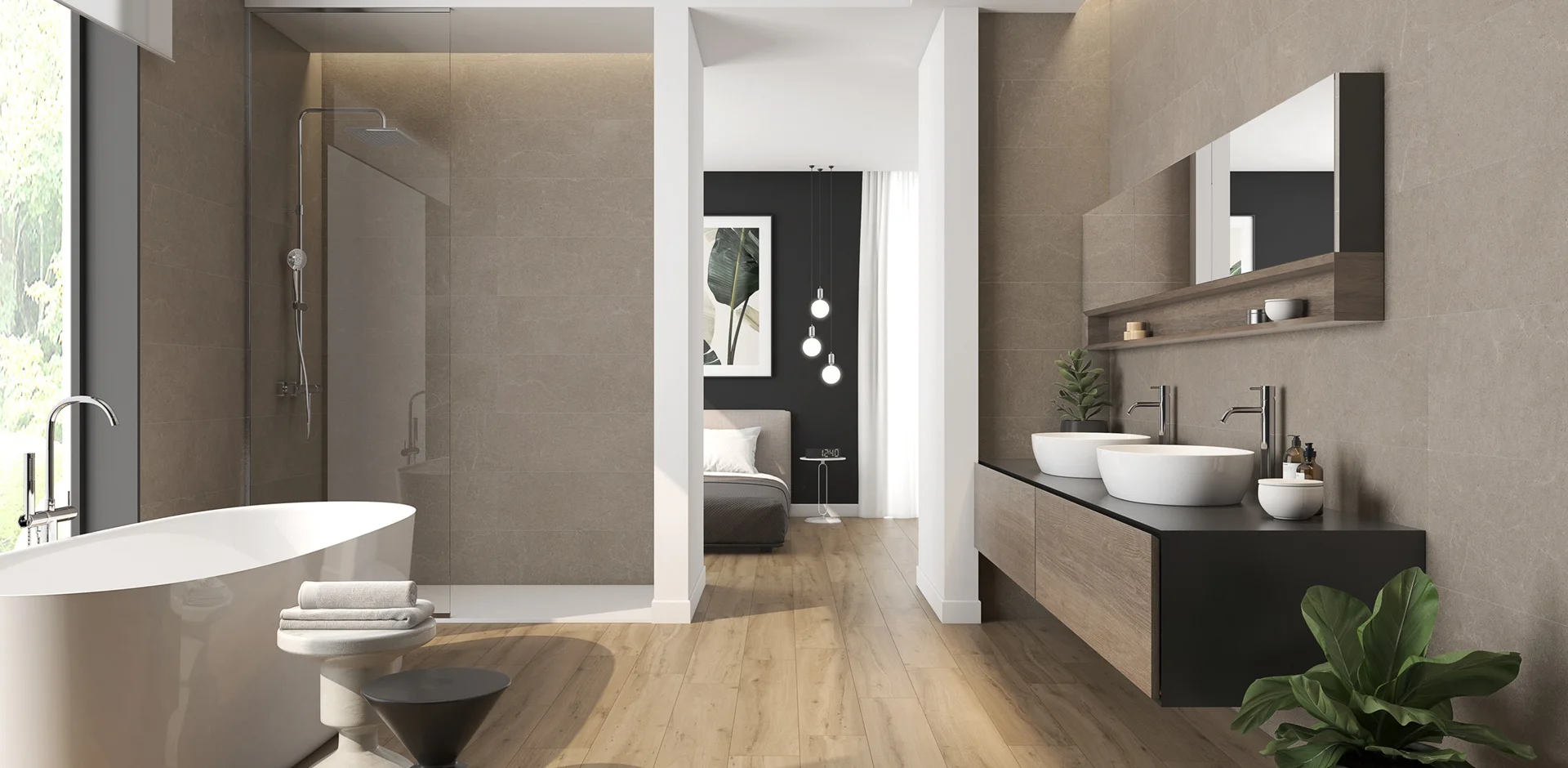 Łazienka z jasną, drewnopodobną podłogą, dużą kabiną prysznicową, wanną wolnostojącą, wiszącą szafką z dwiema umywalkami nablatowymi i długim lustrem z szafką