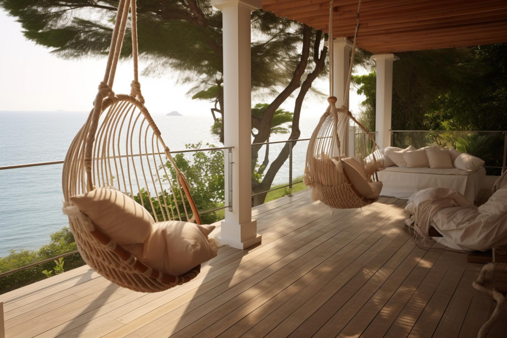 Balkon z widokiem na morze, białą kanapą i wiszącymi fotelami