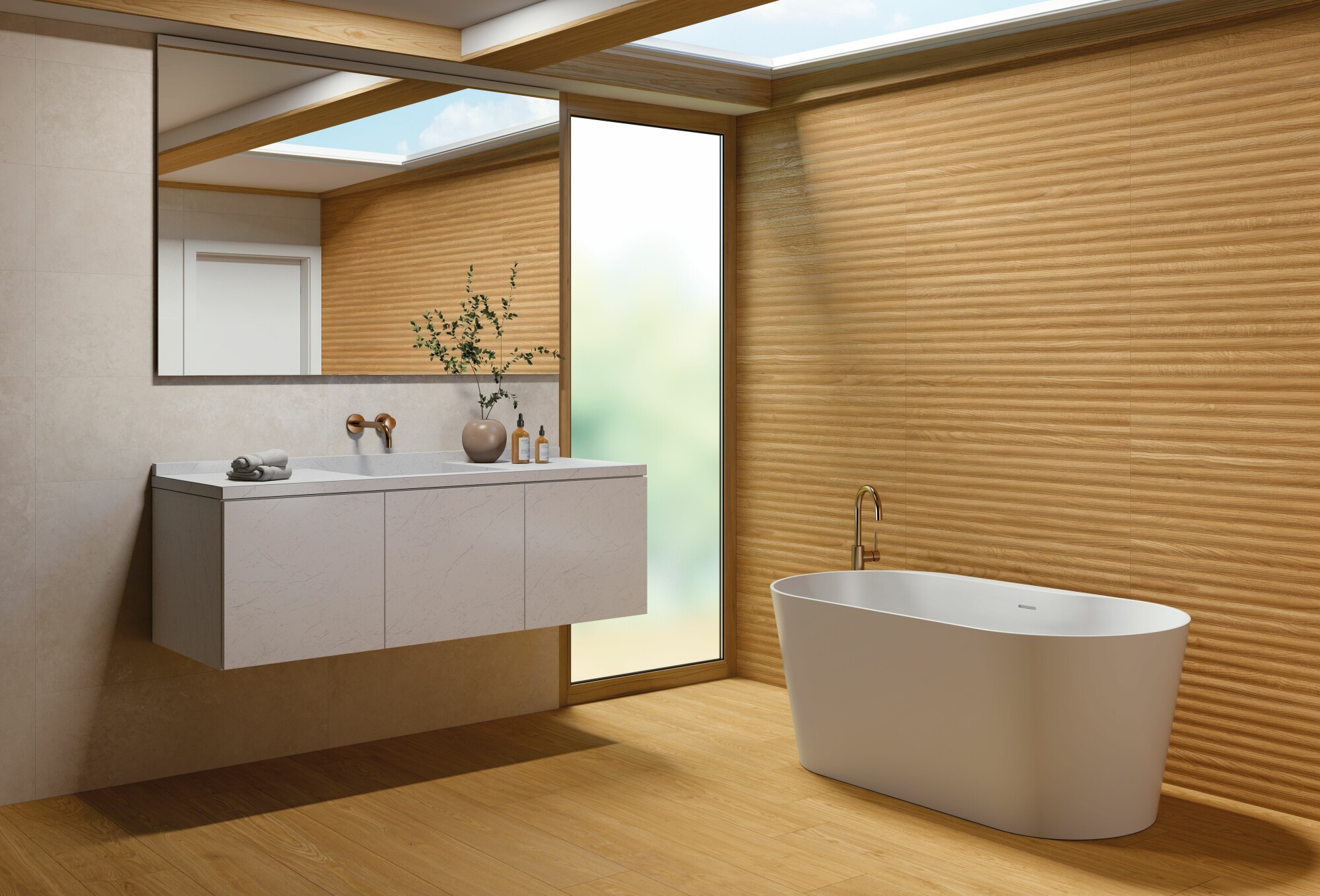 Łazienka wyłożona ciepłymi płytkami imitującymi drewno z białą wanną wolnostojącą, z wiszącą szafką z umywalką i dużym lustrem