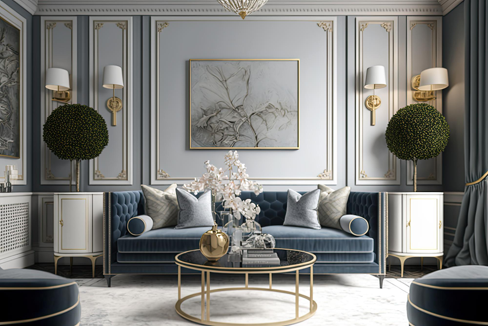 Elegancki salon ze sztukaterią, niebieską kanapą, dwoma pufami, okrągłym stolikiem, klasycznymi kinkietami oraz dwoma szafkami z roślinami