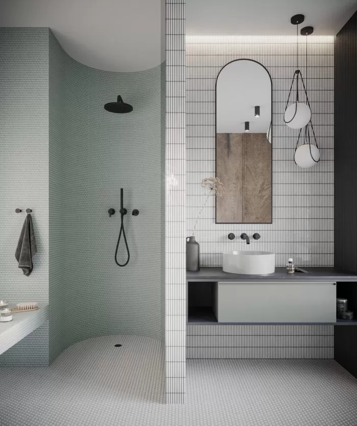 Łazienka z zaokrągloną kabiną prysznicową wyłożoną miętową mozaiką i innymi ścianami wyłożonymi białą mozaiką, z wiszącą szafką z okrągłą umywalką nablatową, lustrem i lampą wiszącą