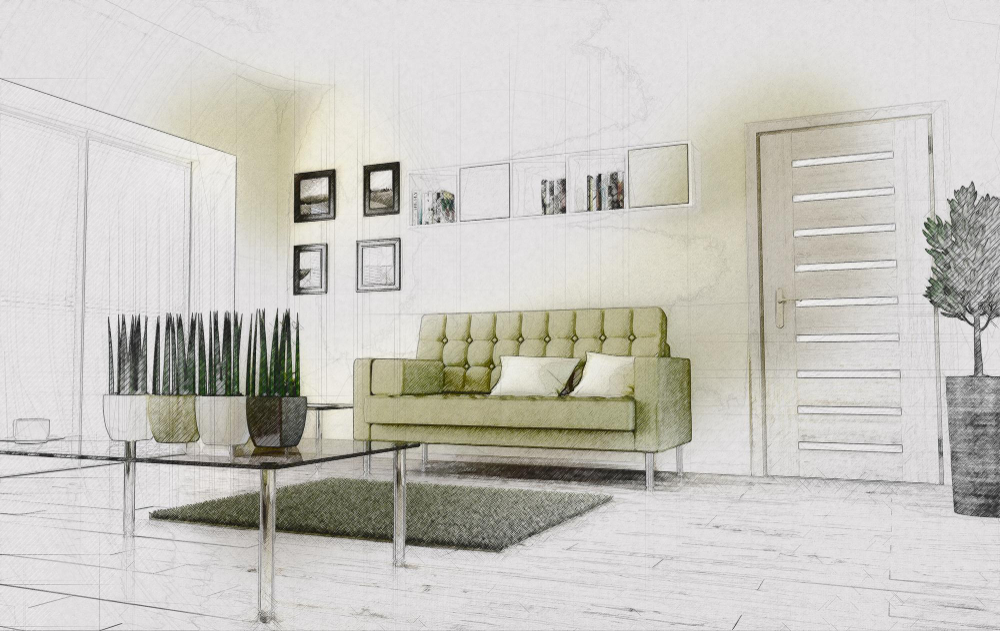 Szkic wnętrza z zieloną kanapą, dywanem, stołem z roślinami i obrazkami na ścianie