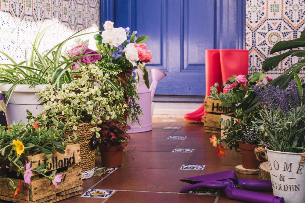 Kolorowa mozaika na ścianach domu z niebieskimi drzwiami i różnymi kwiatami w ozdobnych donicach na podłodze