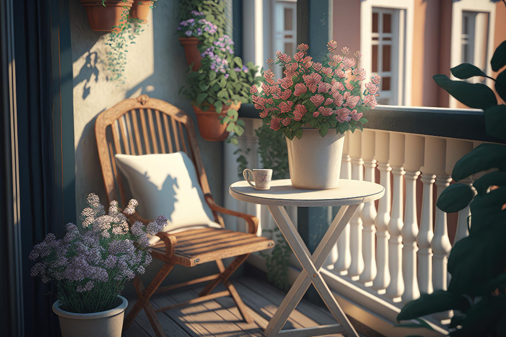 Romantyczny balkon z krzesłem, białym okrągłym stolikiem i kwiatami w donicach