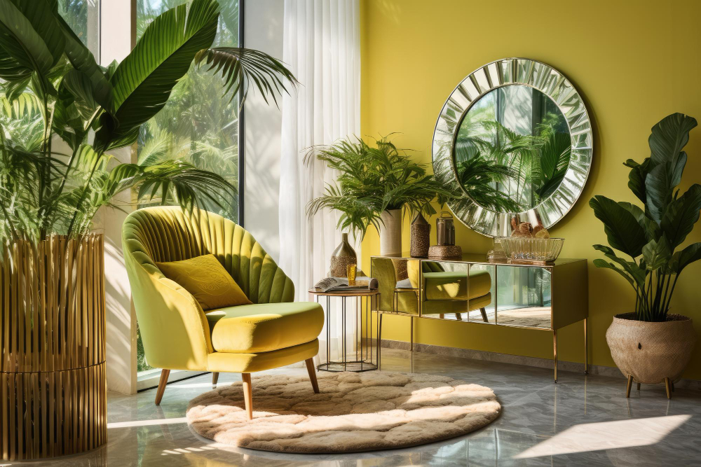 Pokój z żółtą ścianą i fotelem, małym dywanem, błyszczącą komodą, okrągłym lustrem w ramie i dużą ilością kwiatów