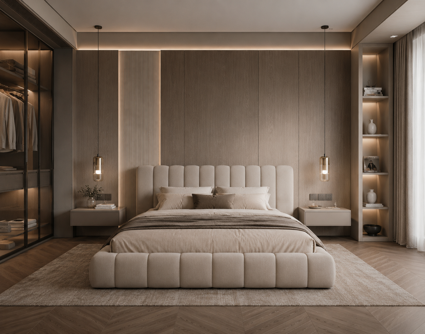 Minimalistyczny salon z drewnianą podłogą i designerskim oświetleniem