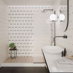 Jasna łazienka ze ścianami wyłożonymi białymi cegiełkami Grace White Matt, ze strefą prysznicową, wiszącą szafką z białą umywalką nablatową, lustrem i kinkietem