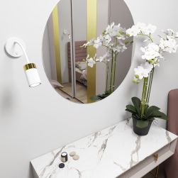 Pokój z marmurową szafką, kwiatem, okragłym lustrem i białym kinkietem Joker White/Gold