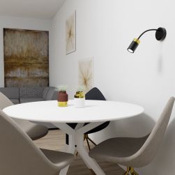 Biały, okrągły stół jadalniany z krzesłami oraz czarnym kinkietem Joker Black/Gold
