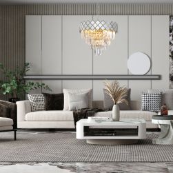 Nowoczesny salon z kanapą z poduszkami, stolikiem i srebrnym żyrandolem Carisma Chrome