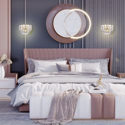 Elegancka sypialnia z dużym łóżkiem i dwoma złotymi kinkietami Luxuria