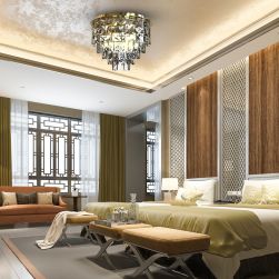 Duża, ekskluzywna sypialnia z dwoma ł&oacute;żkami, kanapą i złotym plafonem Luxuria