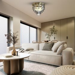Salon z jasną kanapą, okrągłym stolikiem, dywanem i złotym plafonem Luxuria