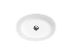 Widok z góry na owalną umywalkę nablatową białą Besco Uniqa