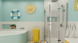 Pastelowa łazienka w błękitnym i białym kolorze z wanną narożną, kabiną prysznicową z armaturą chromowaną, ręcznikami wiszącymi na ścianie i akcesoriami