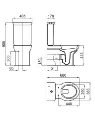 rysunek techniczny Antic spłuczka z dopływem dolnym z prawej strony 4,5/3L 100232022