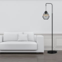 Minimalistyczny salon z białą kanapą i czarną lampą stojącą Cliff Black