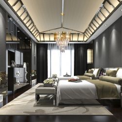 Luksusowa sypialnia z dwoma łóżkami, ciemnymi meblami, telewizorem i eleganckim żyrandolem Aspen II gold 6xE14 Milagro