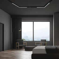 Ciemna sypialnia z dużym oknem z zasłoną, podwójnym łóżkiem, dwoma fotelami, lampą stojącą i lampą sufitową Magnetic Track