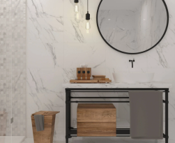 łazienka, okrągłe lustro, ciekawa umywalka, na ścianie płytki calacatta white gloss oraz rlv calacatta white gloss