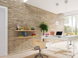 Biuro z białym biurkiem, laptopem, dwoma krzesłami obrotowymi, półkami na ścianie i kamieniem dekoracyjnym Espania Cappuccino