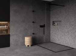 nowoczesna łazienka, duża kabina prysznicowa, ciekawy stolik, czarny regał z podświetlanymi szafkami, na ścianach i na podłodze płytki valdivia marengo
