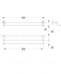 rysunek techniczny Art Line wieszak na ręcznik podw&oacute;jny 65 cm miedź antyczna AL53226ORB