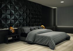 Nowoczesna sypialnia z czarnymi płytkami dekoracyjnymi Origami Black na ścianie i dużym łóżkie
