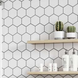 Widok na ścianę w łazience wyłożoną białymi płytkami heksagonalnymi Hex Snow z dwiema półeczkami z kosmetykami i kaktusami