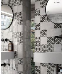Biało-czarna łazienka z dzwiema umywalkami, bateriami podtynkowymi, okrągłymi lustrami i cegiełkami ściennymi Artisan Lunar B&W oraz Artisan White