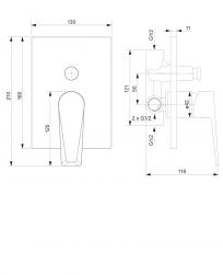rysunek techniczny Astoria bateria wannowo-prysznicowa podtynkowa chrom AS5635CR