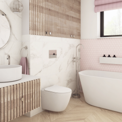 Pastelowa łazienka z drewnianymi elementami z szafką wiszącą, umywalką nablatową, okrągłym lustrem, toaletą wiszącą, białą, prostokątną wanną i baterią wolnostojącą Venice w chromie