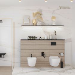 Łazienka w marmurze z białą miską WC wiszącą Decos Rimless Slim, białym bidetem, półką wiszącą, kosmetykami i kabiną prysznicową